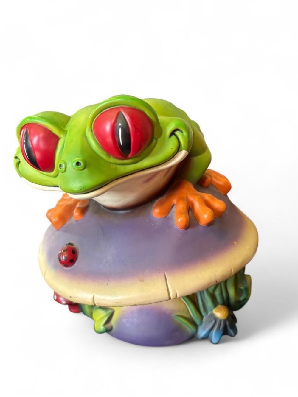 Vintage 90s Rainforest cafe Cha! Cha! Frog on mushroom PVC piggy bank 1998